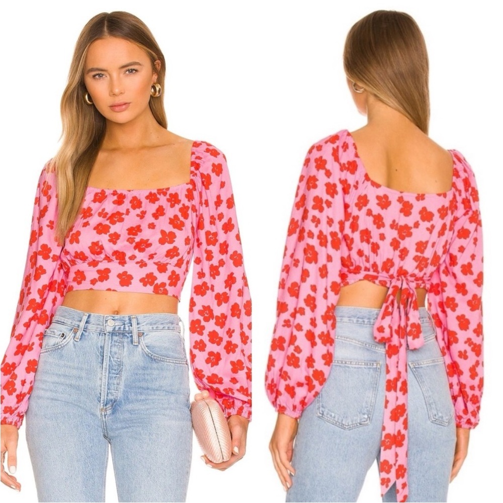 NWT Sanctuary ‘Going Solo’ Floral Pink Red Long Sleeve Crop Top Back Tie Size M